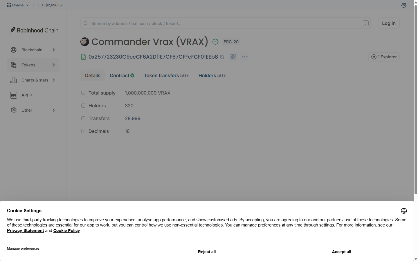 Commander Vrax token page on the Robinhood Chain explorer with Total supply, Holders, Transfers and Decimals fields, 1 October 2026