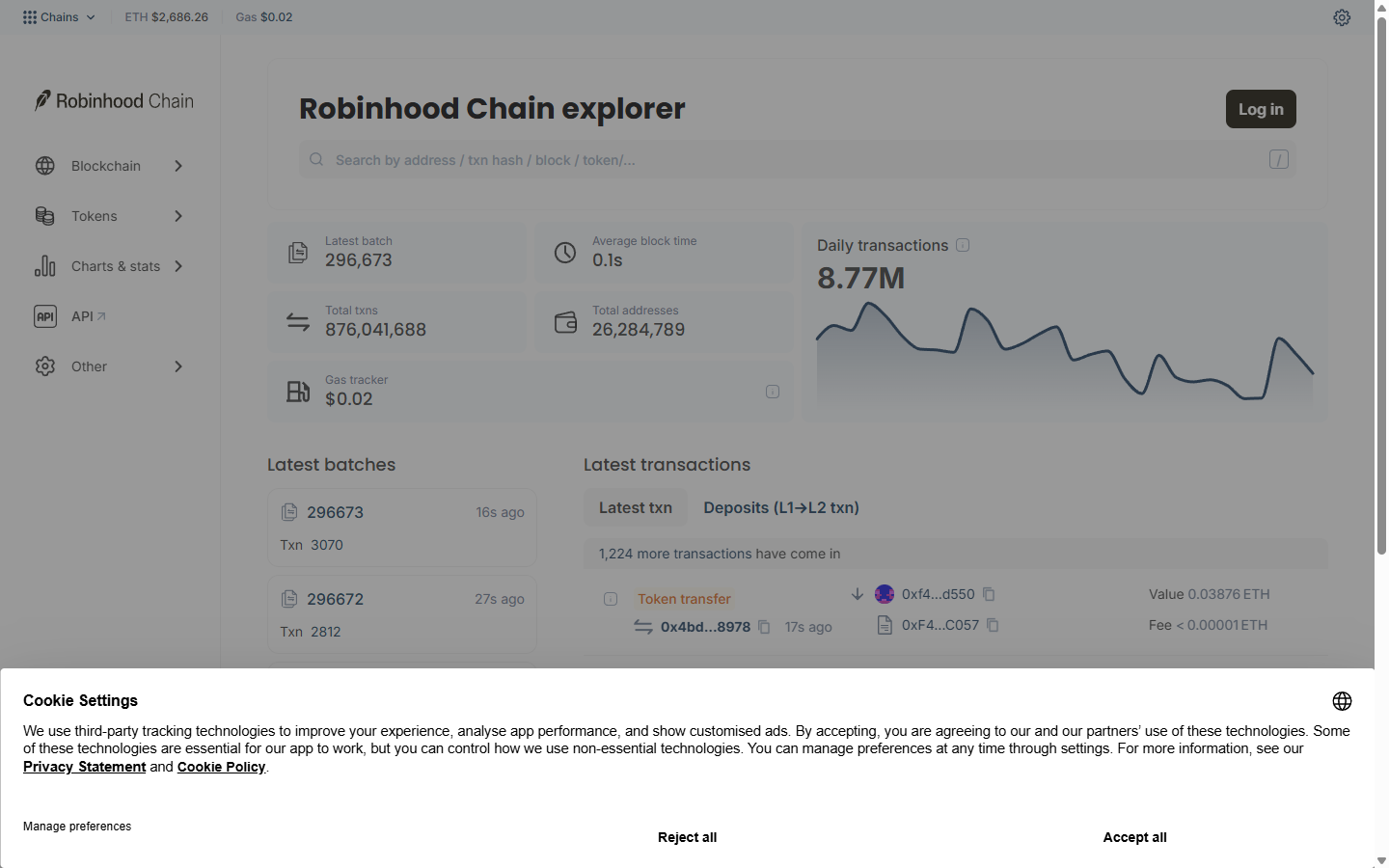 Robinhood Chain explorer home page with search bar, chain stats and latest batches, 1 October 2026