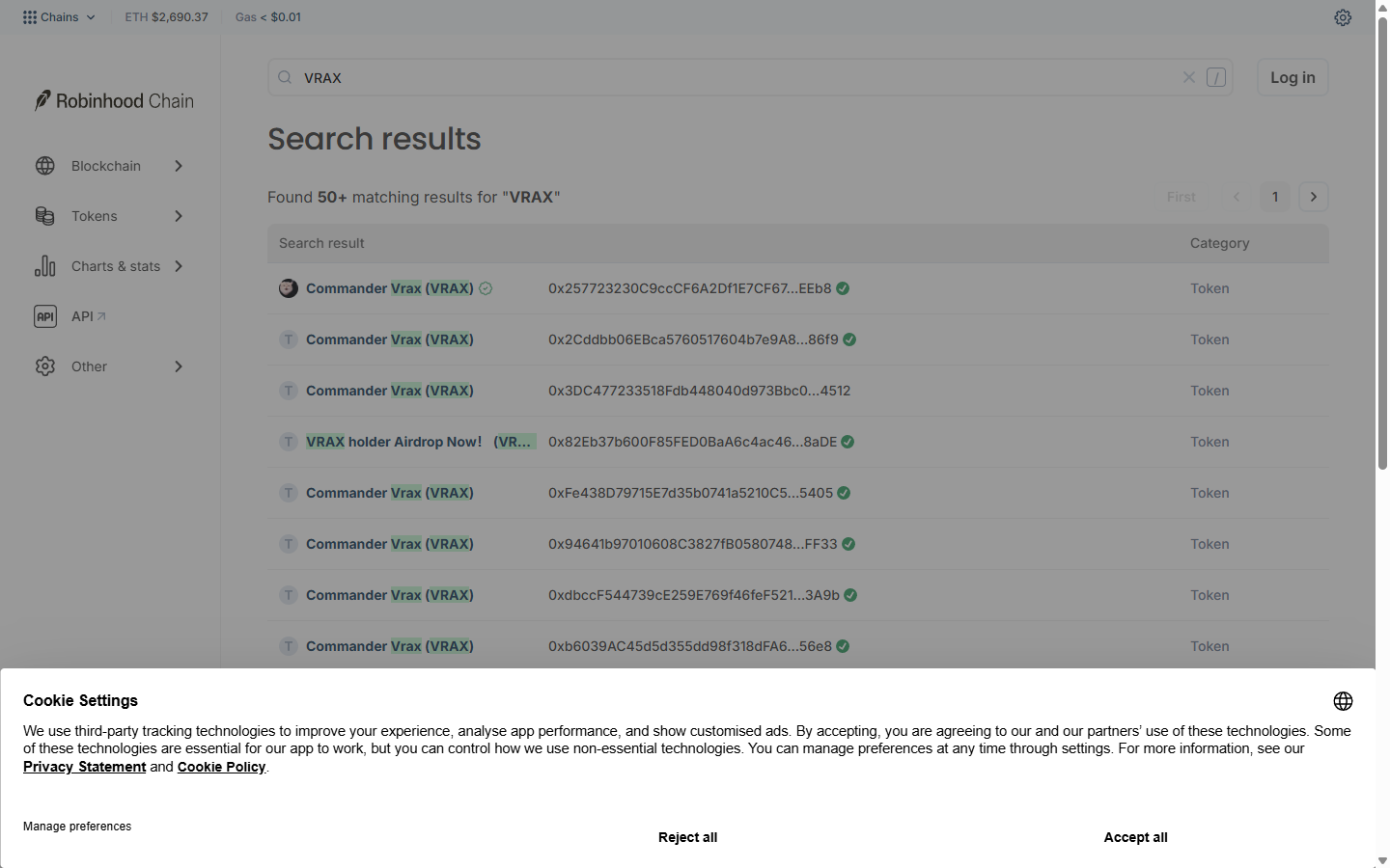 Robinhood Chain explorer search for VRAX returning many tokens with the same name, 1 October 2026