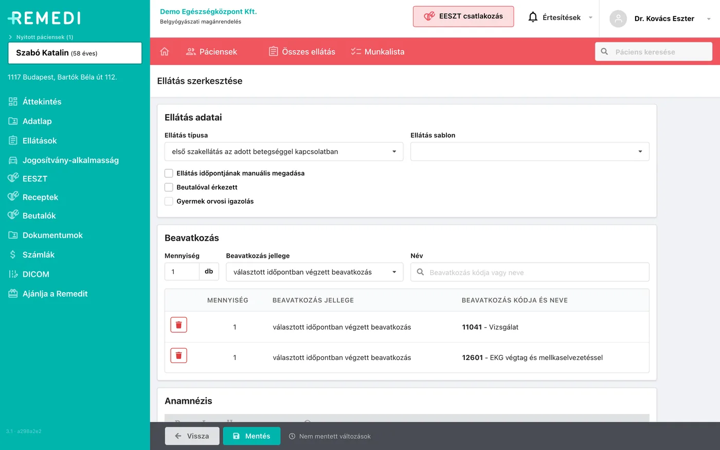 Ellátás rögzítése a Remediben: ellátás típusa, beavatkozások és anamnézis, kitalált demóadatokkal