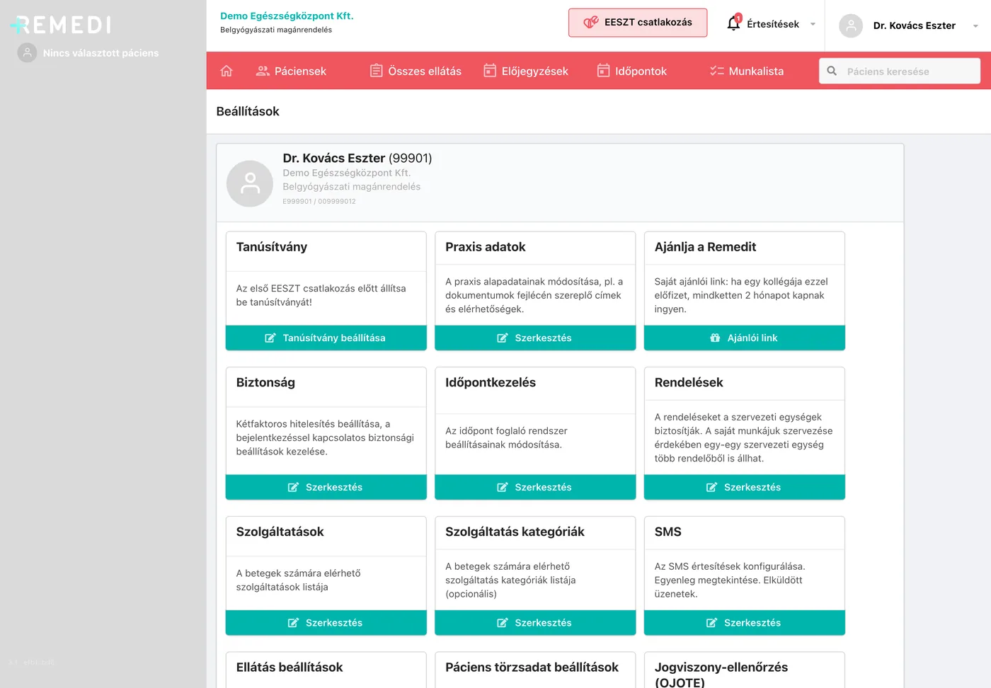 A Remedi Beállítások oldala: a Tanúsítvány kártya jelzi, hogy az első EESZT-csatlakozás előtt be kell állítani a tanúsítványt