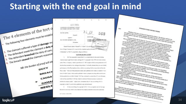 Webinar slide showing court documents, under the heading "Starting with the end goal in mind"