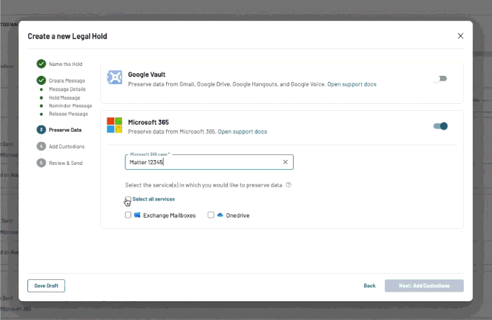 Logikcull software in action, creating a new legal hold project