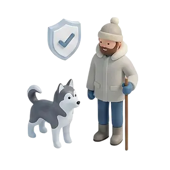 3D illustration of a person in winter clothing holding a walking stick, standing next to a gray and white husky dog and a shield with a checkmark.