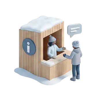 Winter information kiosk with a person asking questions to a staff member wearing winter clothing and a snow-covered roof.