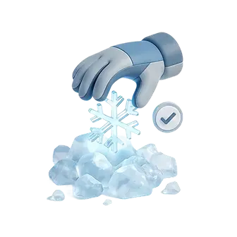 Gloved hand holding a glowing snowflake above a pile of ice cubes with a checkmark icon nearby.