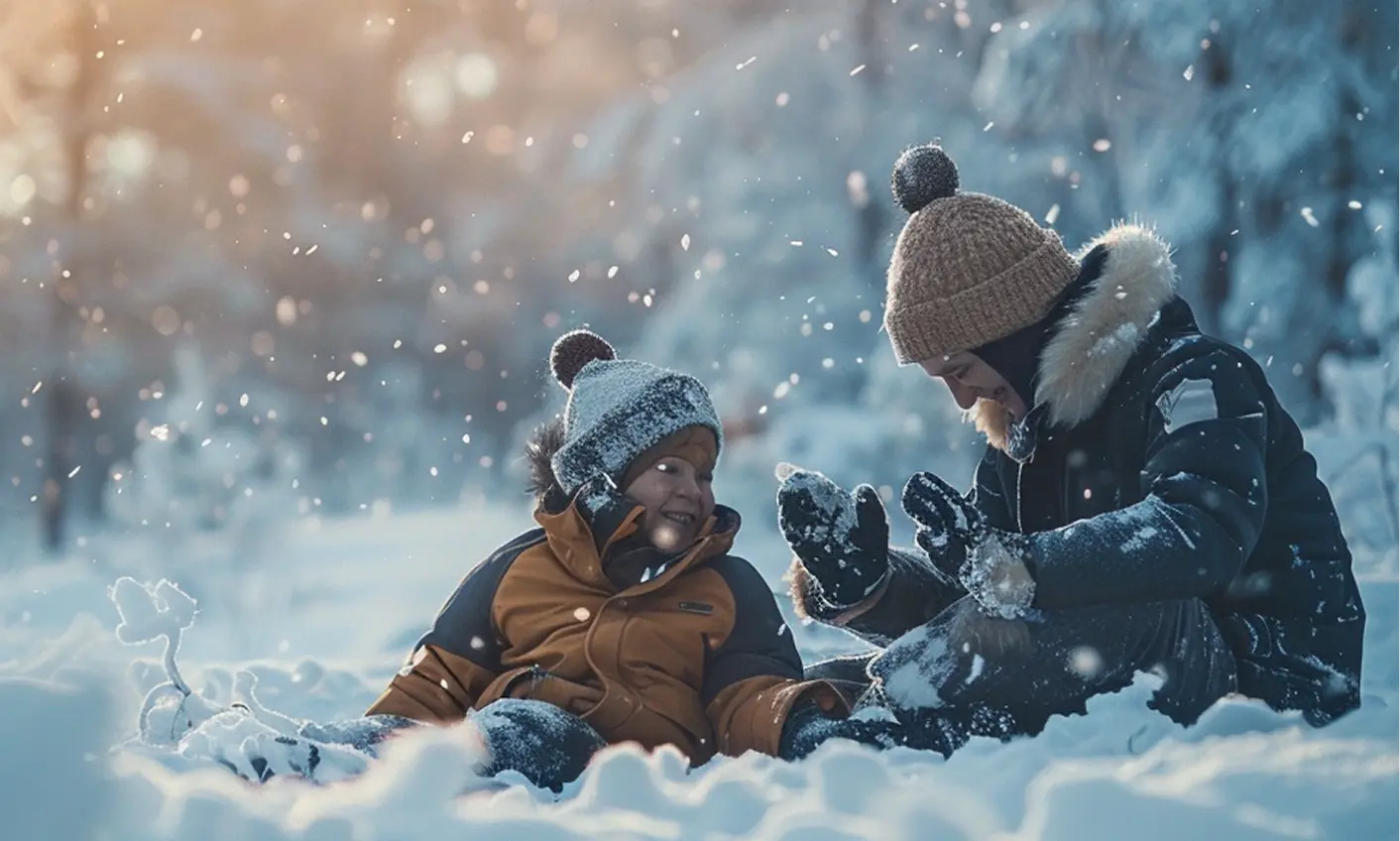 Two children sitting in the snow, wearing winter coats and knit hats, playing and laughing during snowfall.