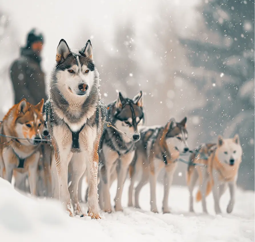 A team of sled dogs standing in the snow during snowfall with a musher blurred in the background.