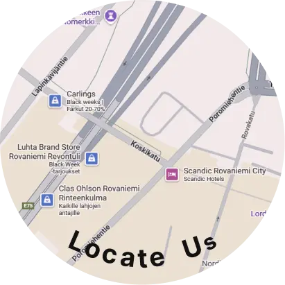 Map highlighting stores and hotel near Koskikatu in Rovaniemi, Finland, including Carlings, Luhta Brand Store, Clas Ohlson Rovaniemi, and Scandic Rovaniemi City.