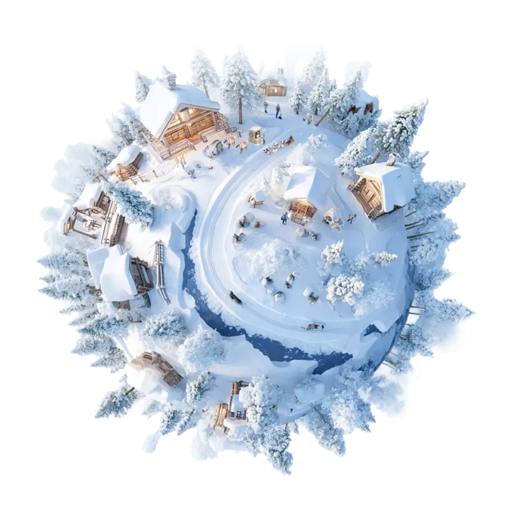 Miniature snowy village with wooden cabins, snow-covered trees, and a frozen river viewed from above in winter.