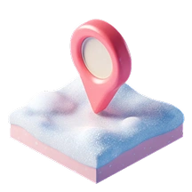 3D pink map pin marker positioned on a square snowy terrain model.