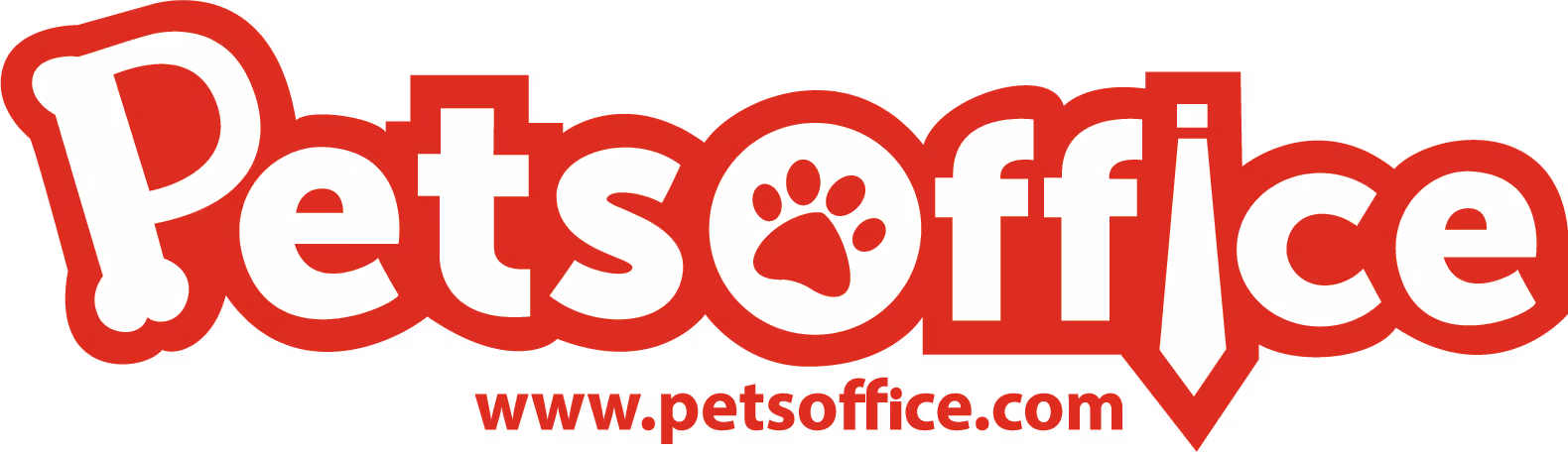 PetsOffice logo with the word 'PetsOffice' in white letters outlined in red, featuring a bone forming the 'P', a paw print inside the 'o', and a necktie forming the 'i'; website URL www.petsoffice.com below.