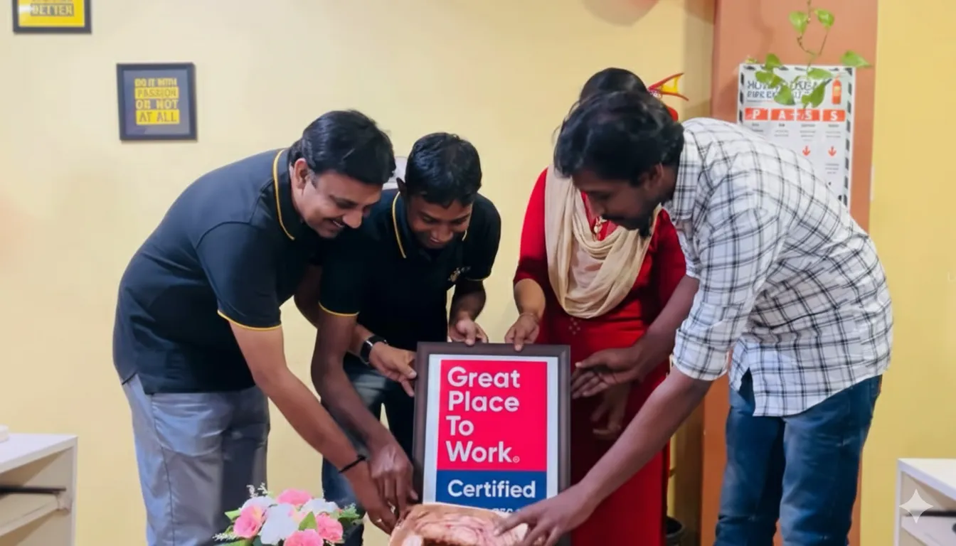 A grayscale photo of colleagues high-fiving, styled with rounded corners for the interface.