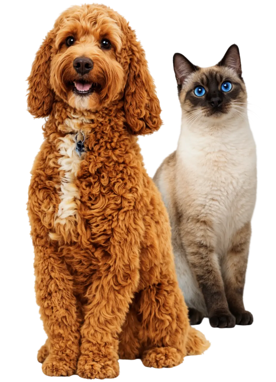 Curly-haired brown dog sitting next to a Siamese cat with bright blue eyes.