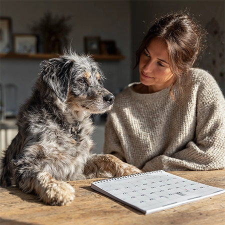 Femme souriante regardant un chien assis à une table avec un calendrier posé dessus.