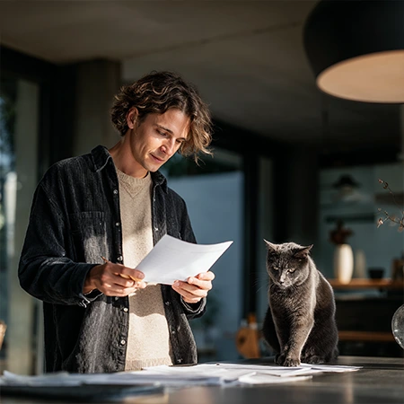 Homme lisant des documents à une table avec un chat gris assis près de lui.