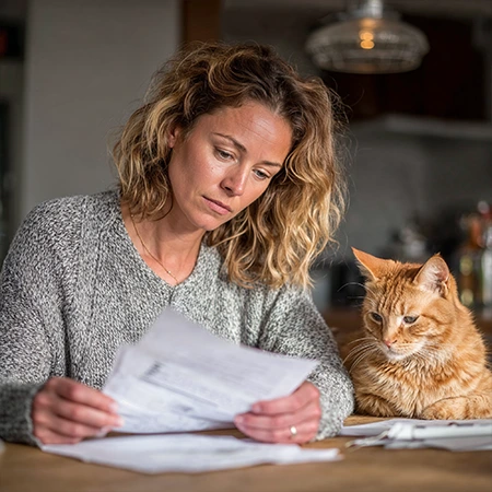 Une femme blonde portant un pull gris lit des documents à une table en bois, avec un chat roux assis à côté d'elle.