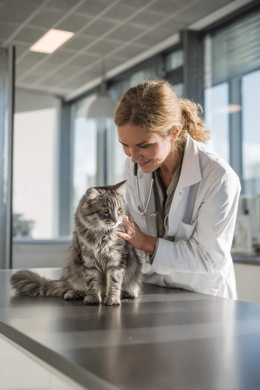 Vétérinaire souriante examinant un chat gris à poil long posé sur une table dans une clinique lumineuse.