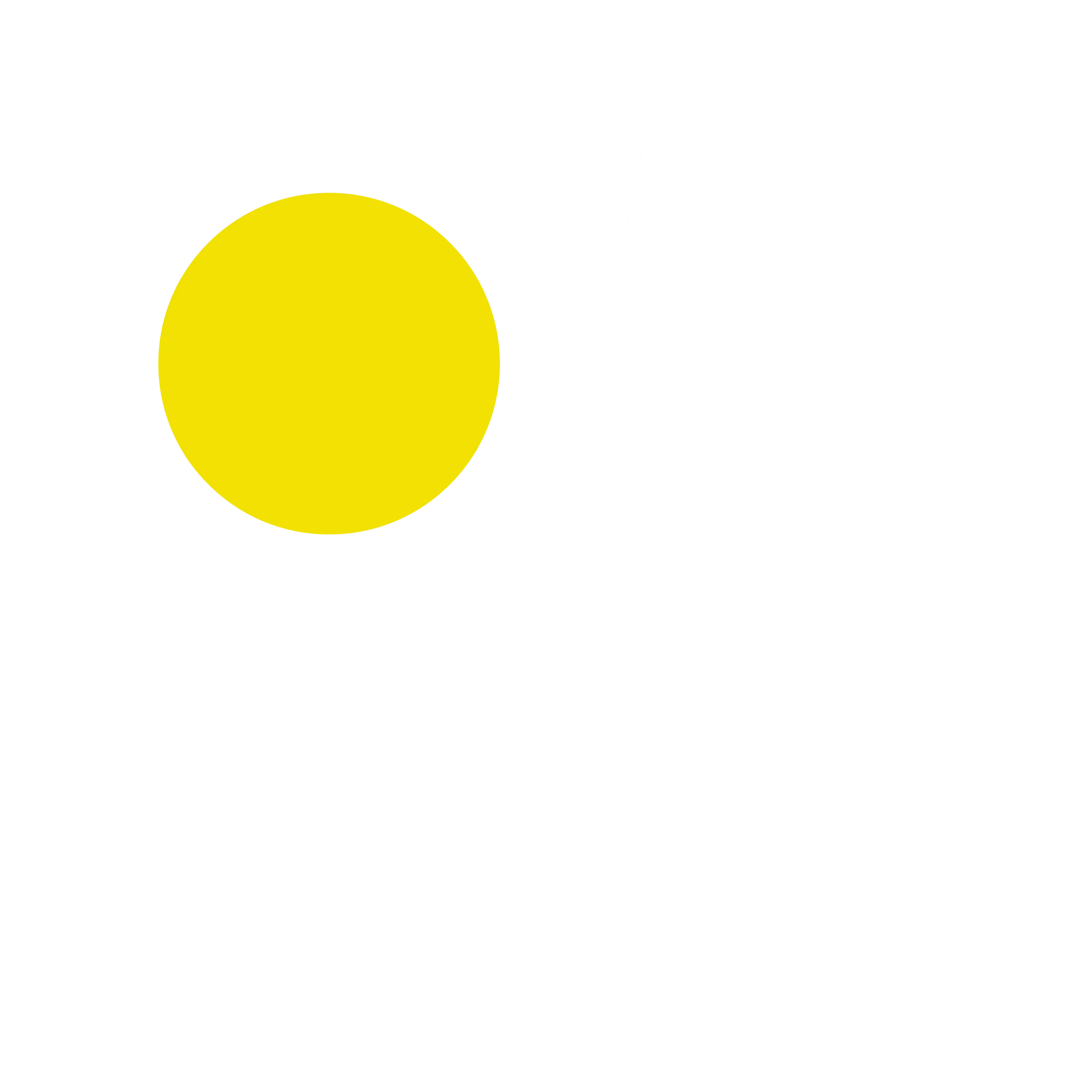 Logo abstrait avec une forme blanche organique connectant deux cercles blancs et un cercle jaune isolé sur fond noir.