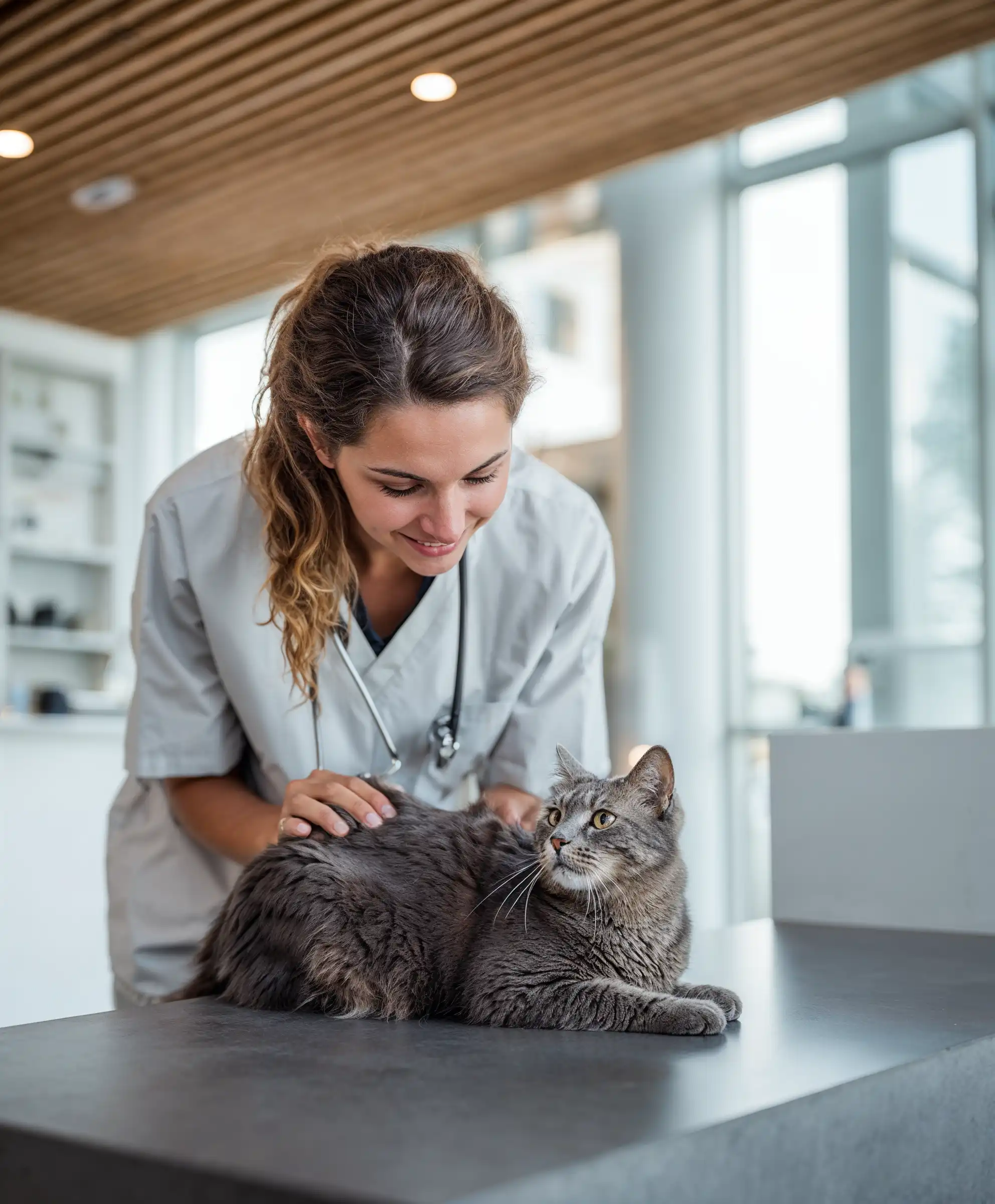 Une vétérinaire souriante caresse un chat gris allongé sur une table dans une clinique moderne.