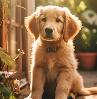 Chiot golden retriever assis à côté d'une porte en bois avec des plantes en arrière-plan et lumière douce du soleil.