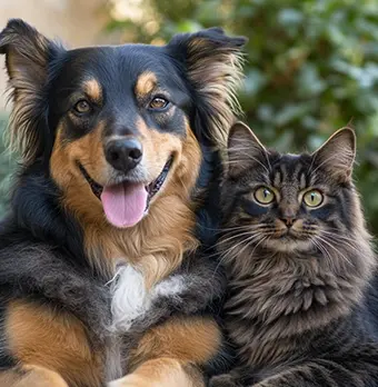 Chien noir et marron souriant avec la langue sortie à côté d'un chat tigré aux longs poils et aux yeux verts.