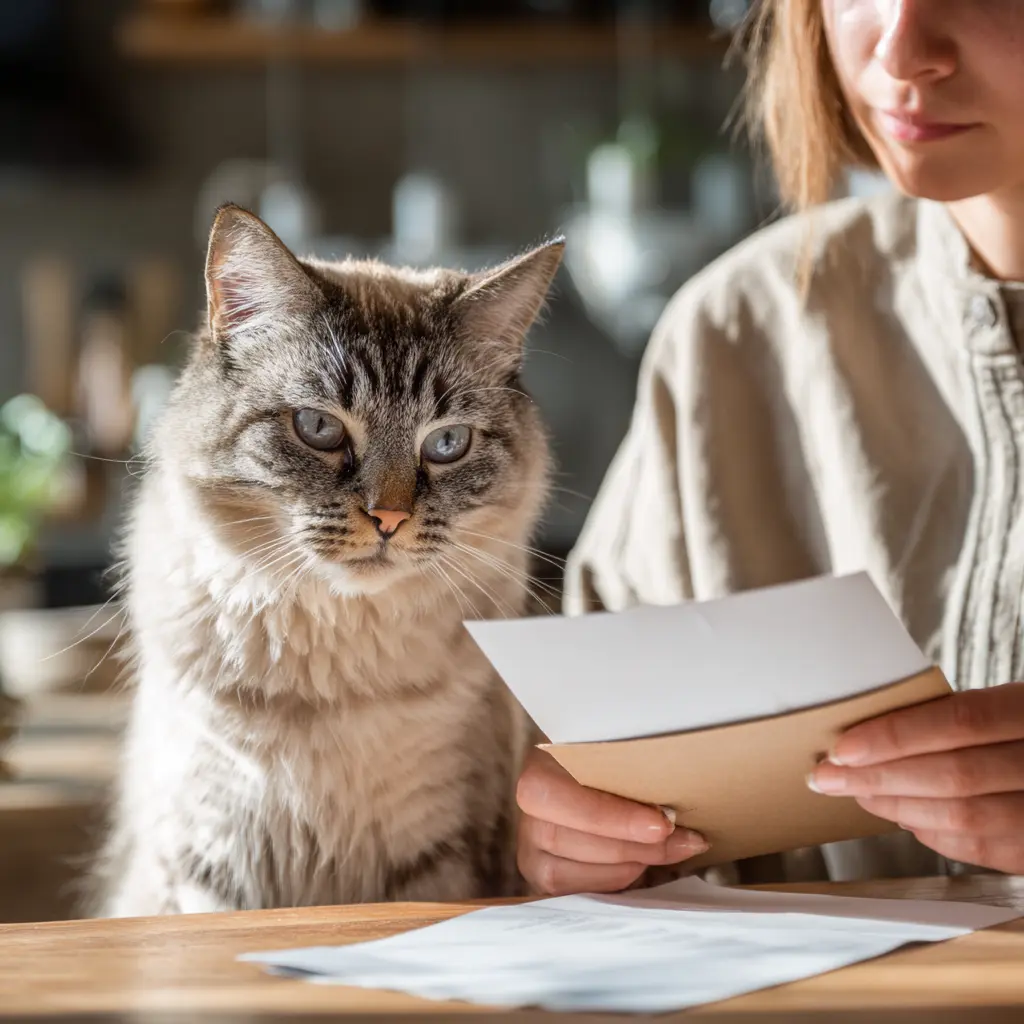 Chat gris rayé regardant attentivement une femme tenant une lettre à une table.