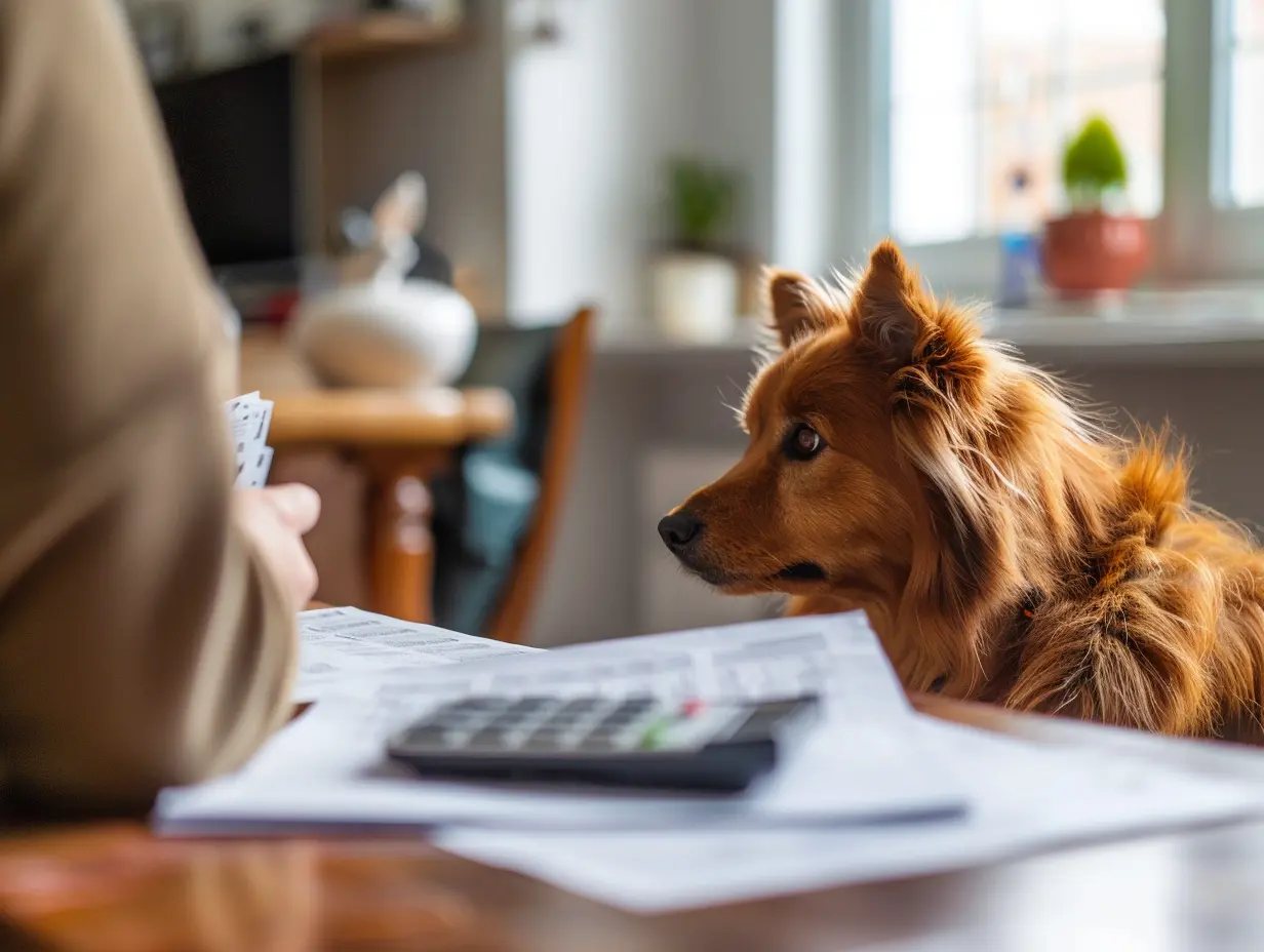Chien brun attentif regardant des papiers et une calculatrice posés sur une table.