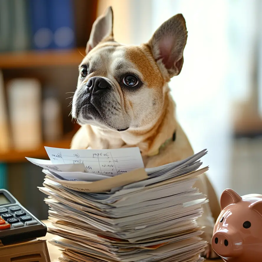 Bouledogue français assis derrière une pile de papiers avec une tirelire cochon et une calculatrice sur la table.