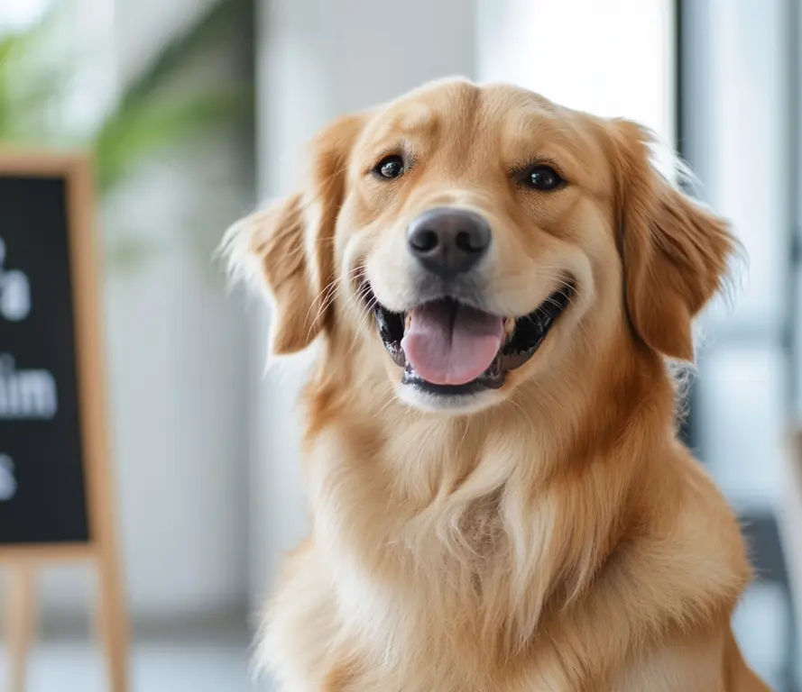 Chien Golden Retriever souriant avec la langue sortie dans un intérieur flou.