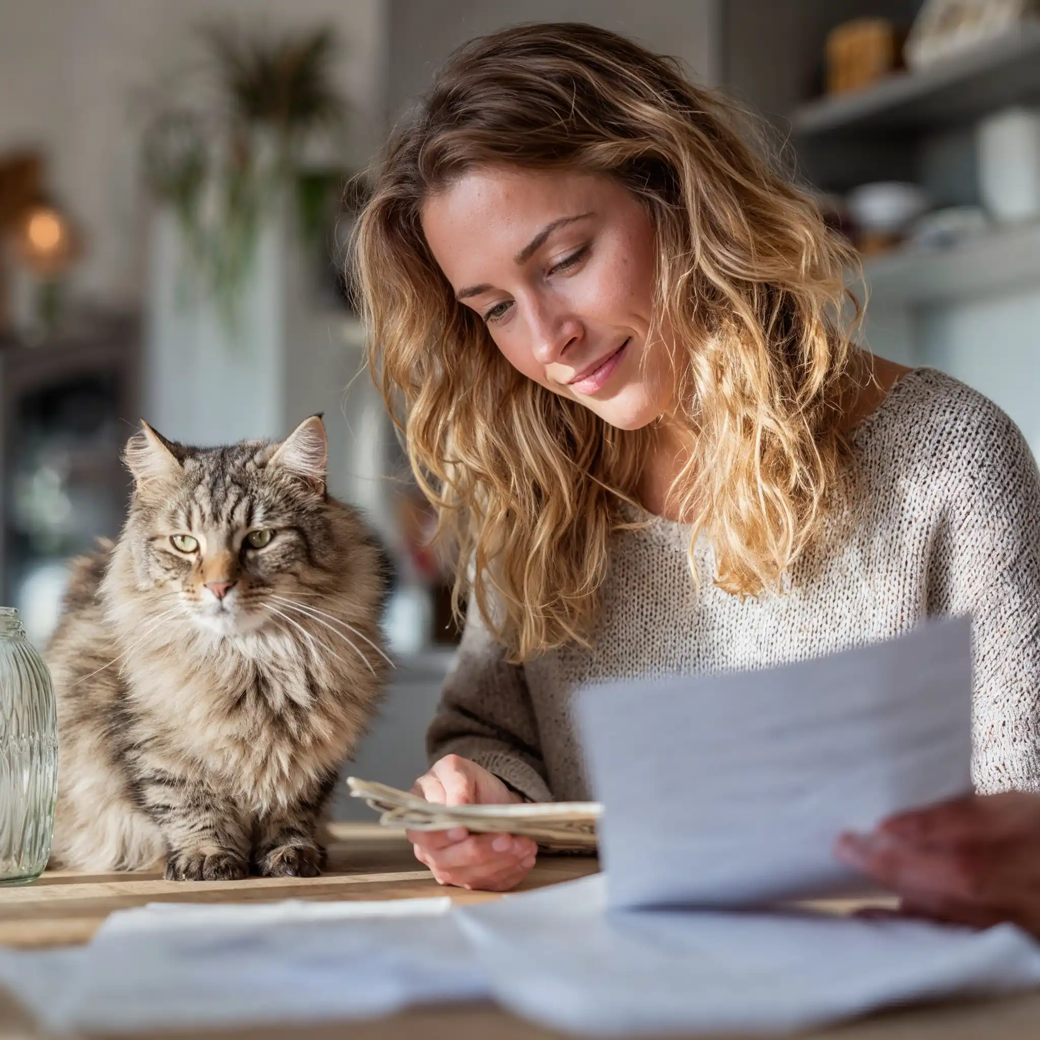 Jeune femme souriante assise à une table avec un chat à poils longs, tenant des papiers et de l'argent.