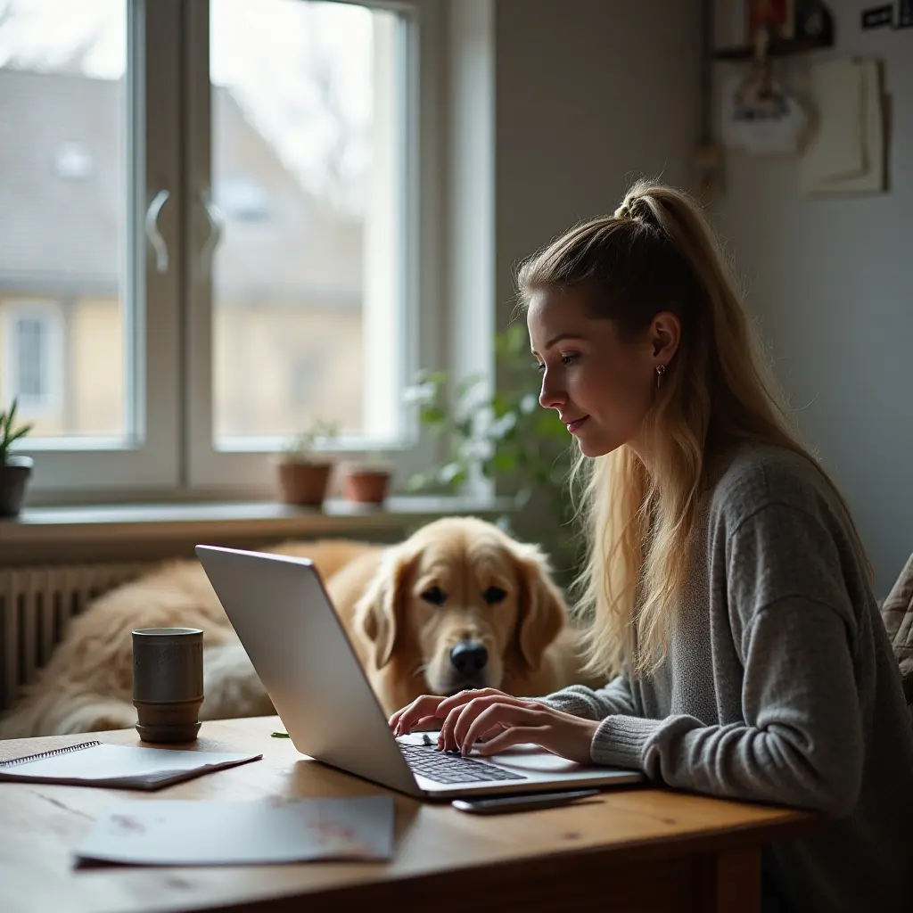 Jeune femme blonde travaillant sur un ordinateur portable à une table en bois, avec un chien golden retriever allongé en arrière-plan près d'une fenêtre.