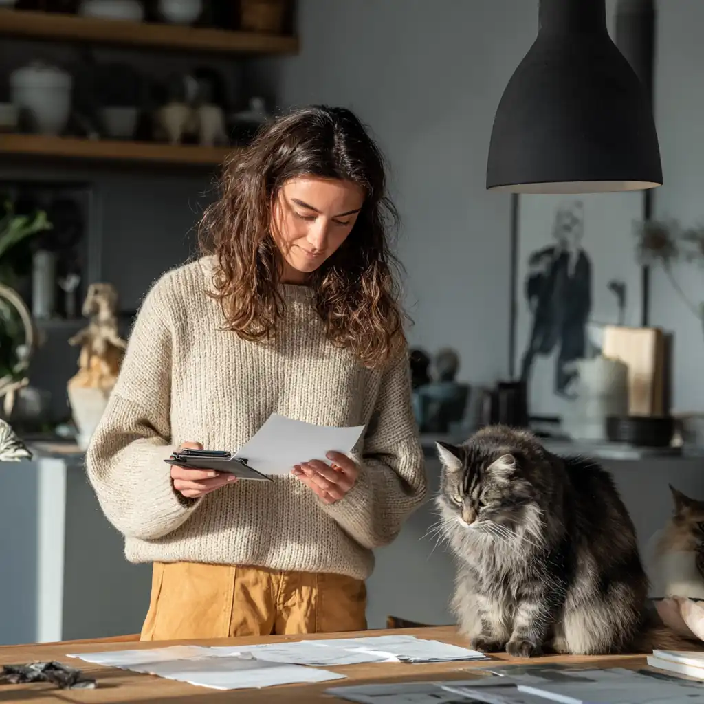 Femme aux cheveux bouclés en pull beige lisant un papier à côté d’un chat assis sur une table en bois.