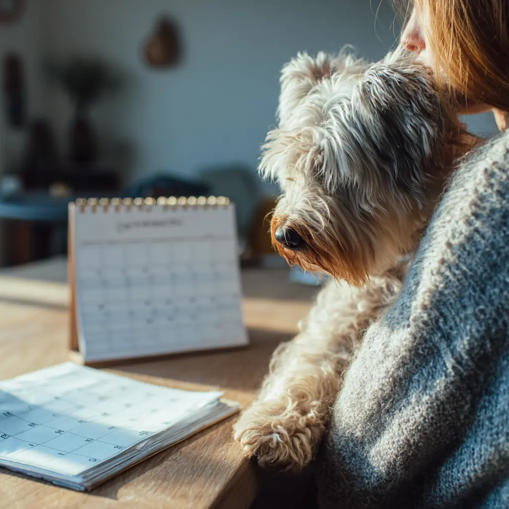 Chien à poil long assis sur les genoux d'une personne, regardant un calendrier sur une table en bois.