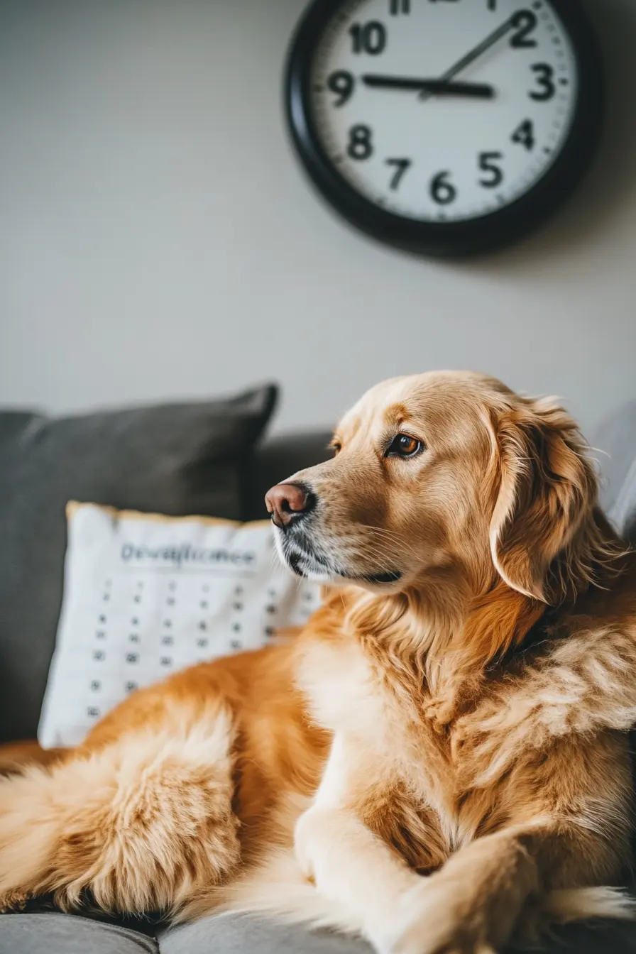 Chien golden retriever couché sur un canapé gris avec une horloge ronde au mur.