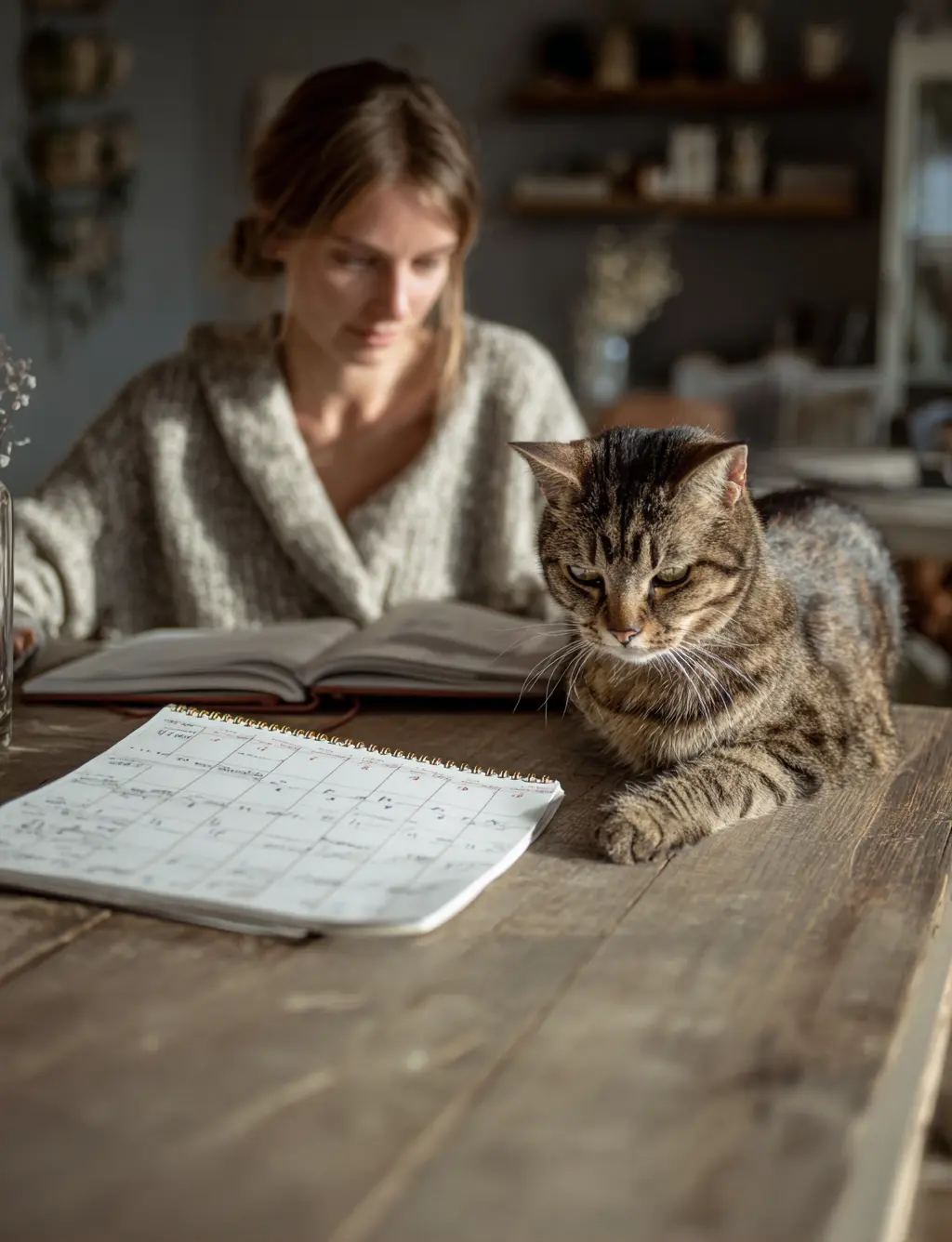 Chat tigré allongé sur une table en bois devant un calendrier, avec une femme en arrière-plan lisant un livre.