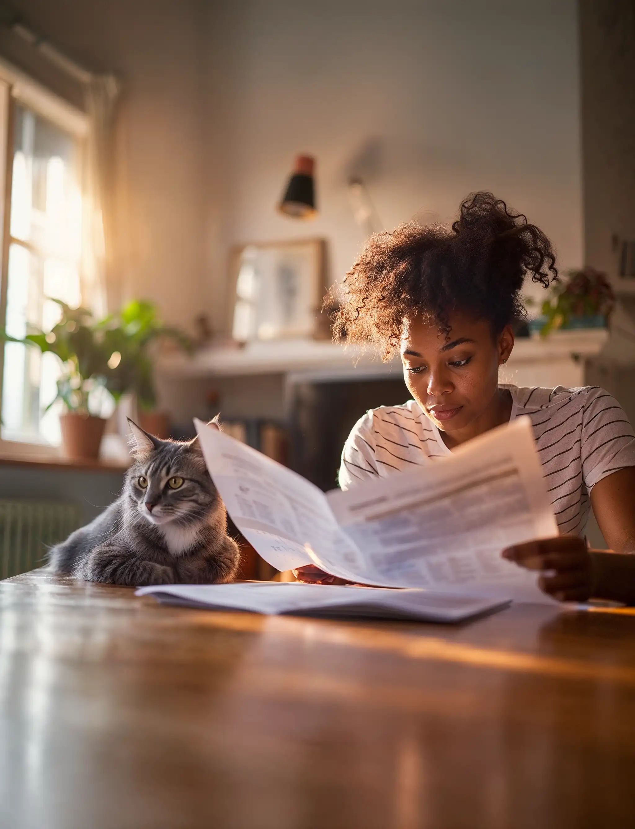 Une femme lisant un document à une table en bois avec un chat gris à ses côtés, dans une pièce éclairée par la lumière du jour.