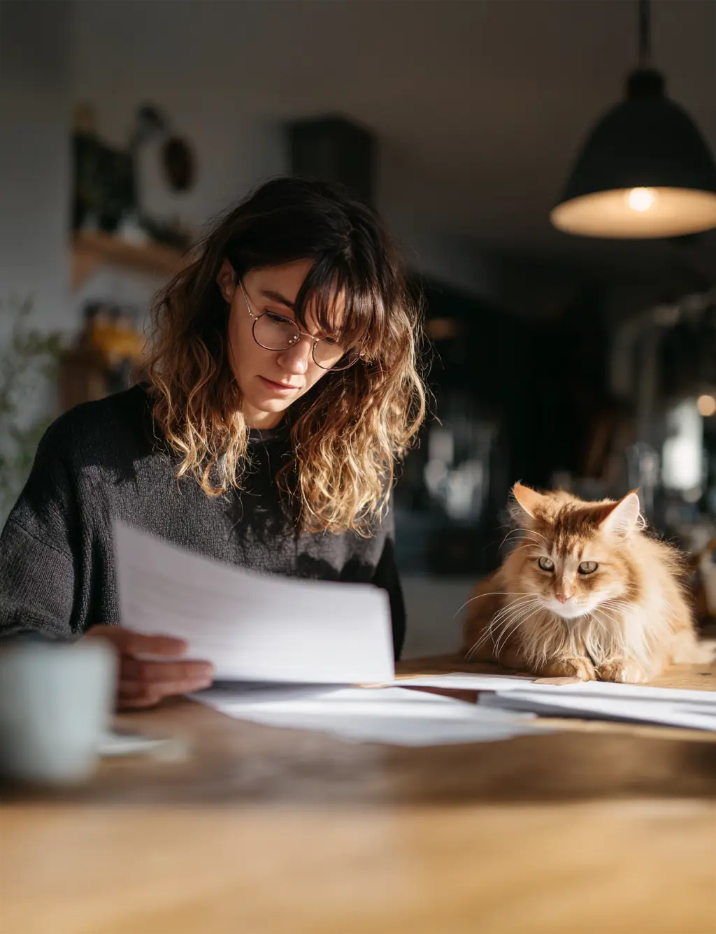 Femme regarde son contrat d'assurance à côté de son chat 