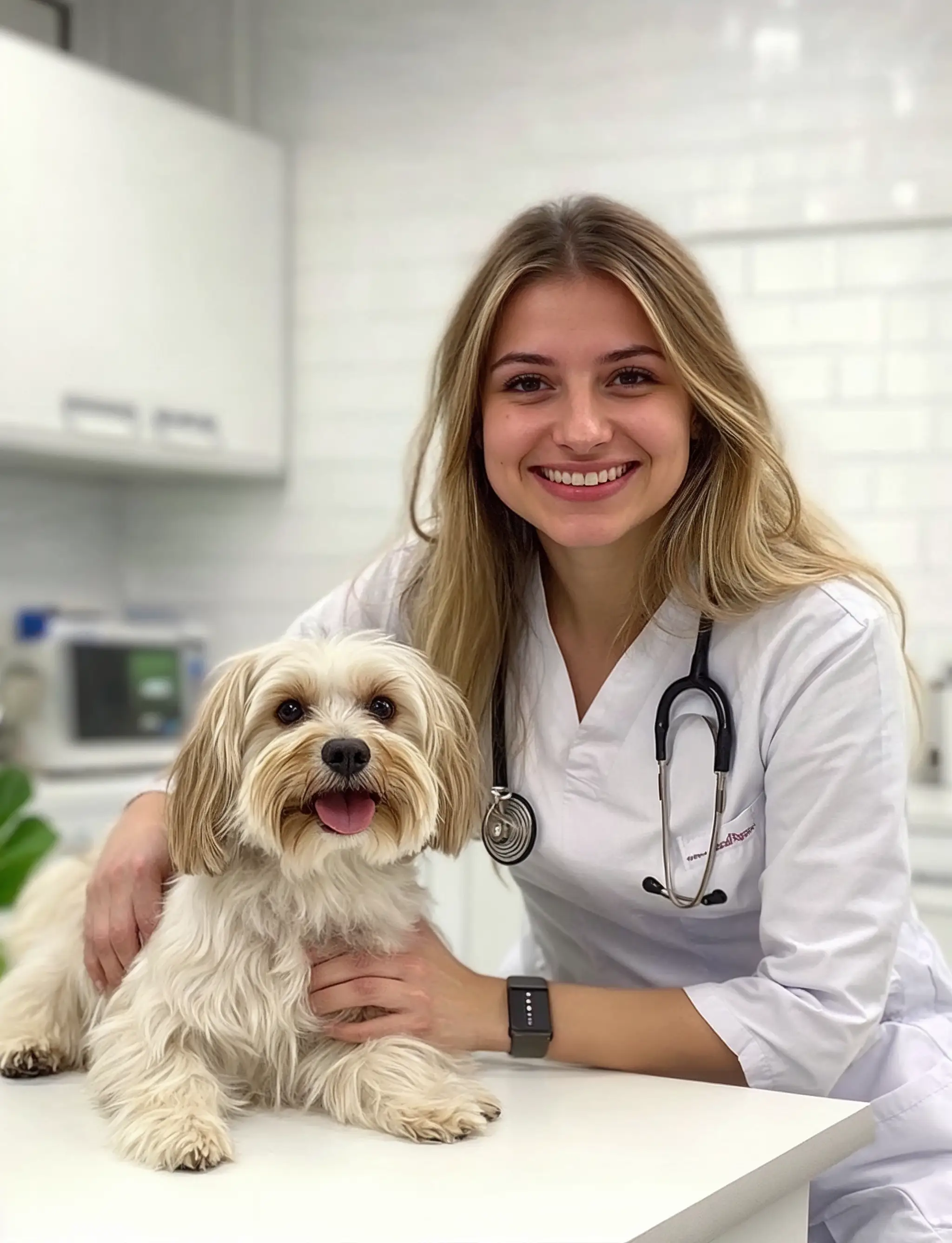 Jeune vétérinaire souriante avec une blouse blanche et un stéthoscope, tenant un petit chien blanc à poil long sur une table blanche.