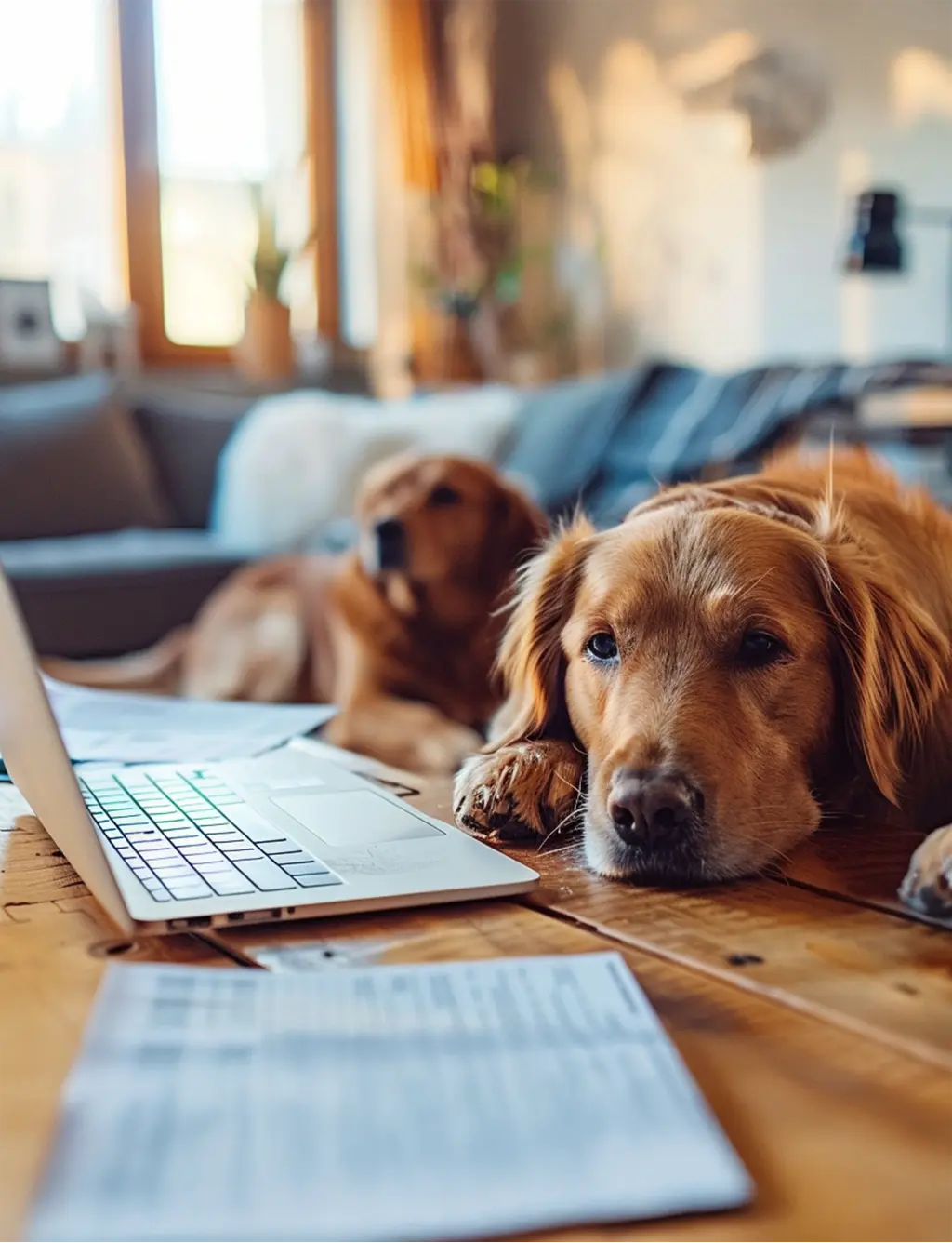 Deux chiens dorés allongés près d’un ordinateur portable ouvert sur une table en bois dans un salon lumineux.