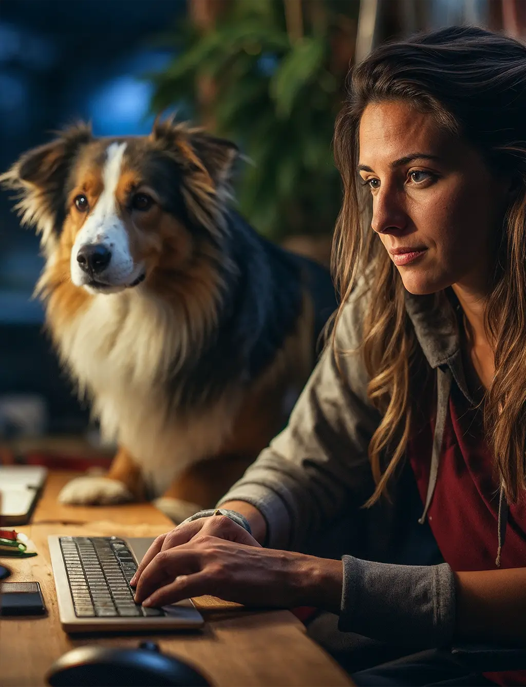 Jeune femme concentrée travaillant sur un clavier d'ordinateur avec un chien attentif à côté d'elle.