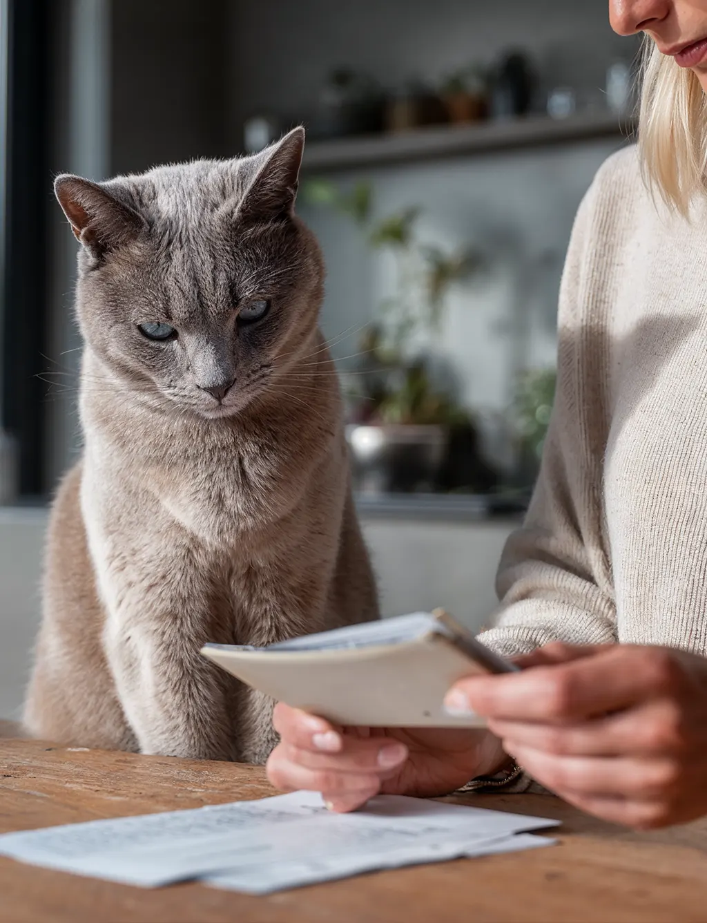 Chat gris aux yeux bleus regardant un carnet tenu par une personne en pull crème à une table en bois.