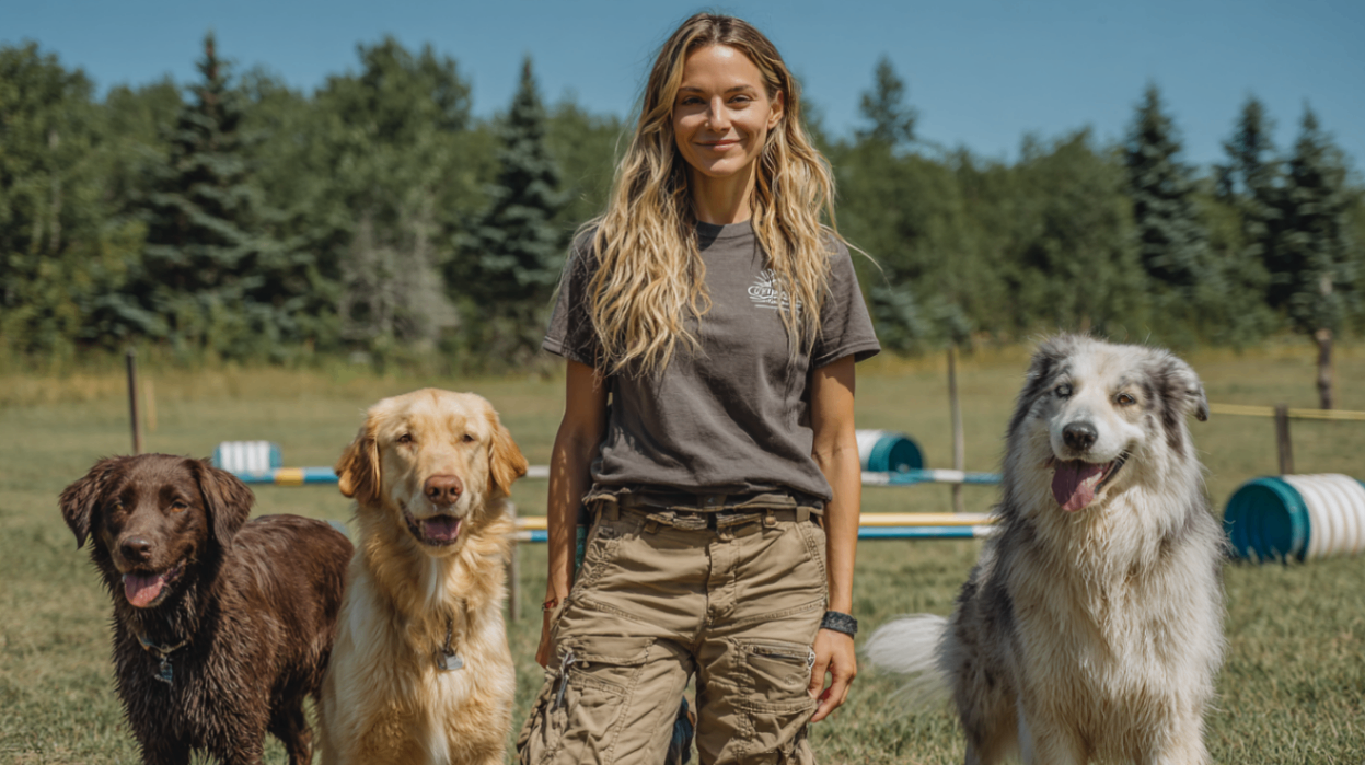 Une entreneuse pour les chiens d'agility avec trois de ses pupiles
