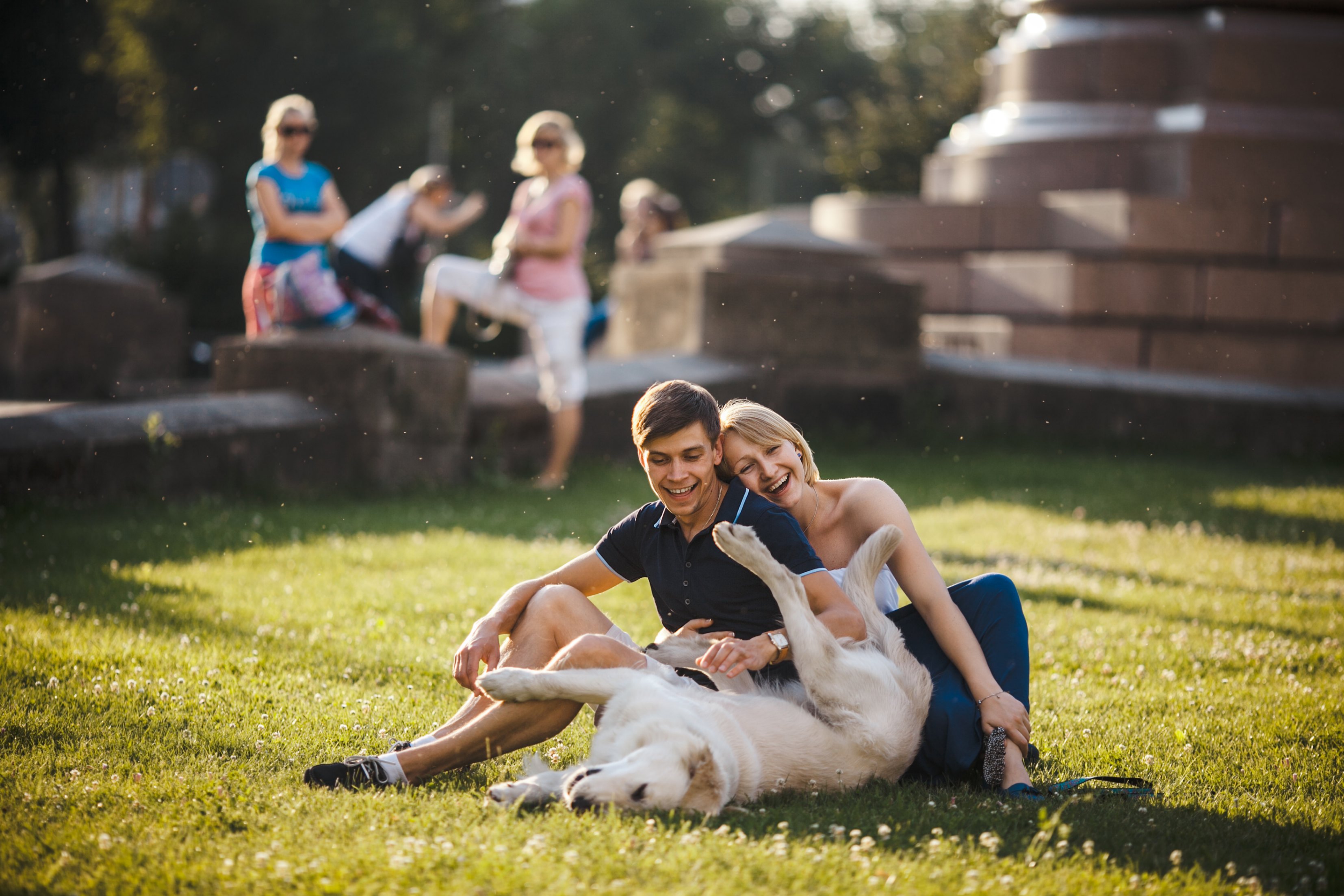 Un couple joue avec leur labrador dans un parc