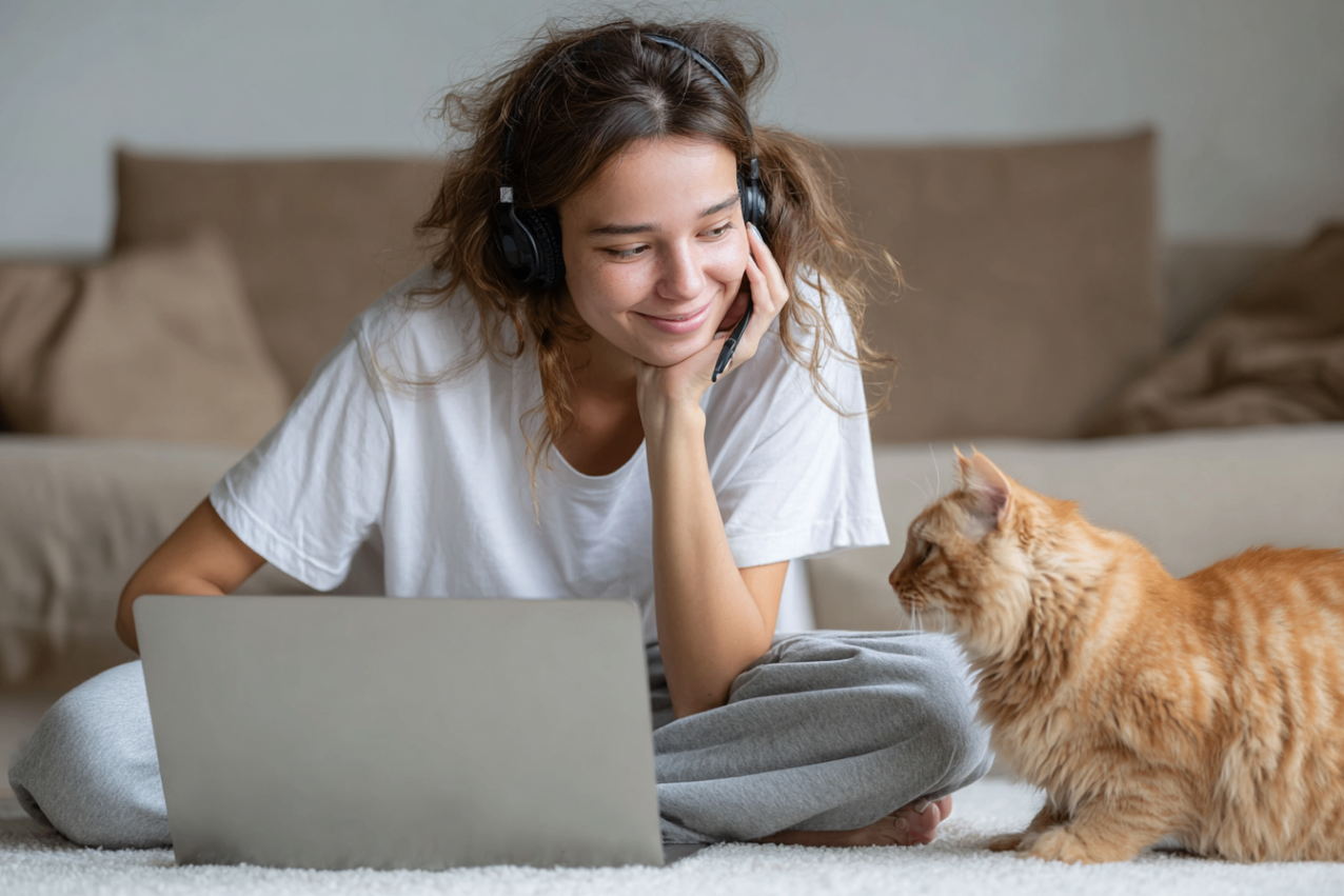 Une jeune fille regarde son chat roux, elle a un casque sur la tête