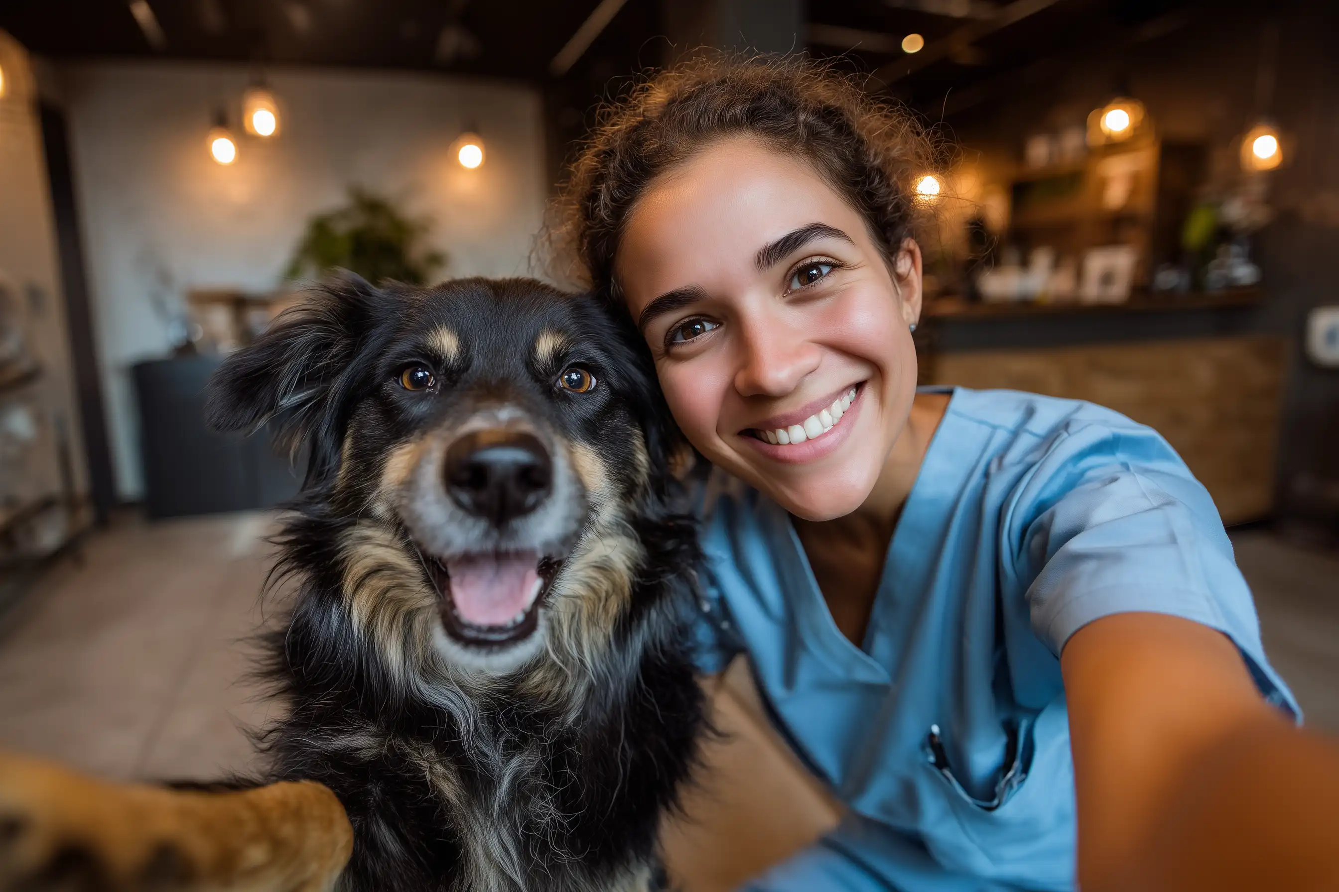 Une jeune vétérinaire fait une sourire à son objectif à ses côtés un chien de race bouvois