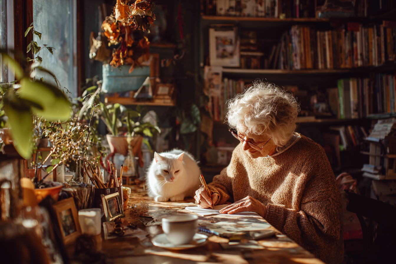 Une dame âgée signe un contrat d'assurance santé animale pour son chat blanc