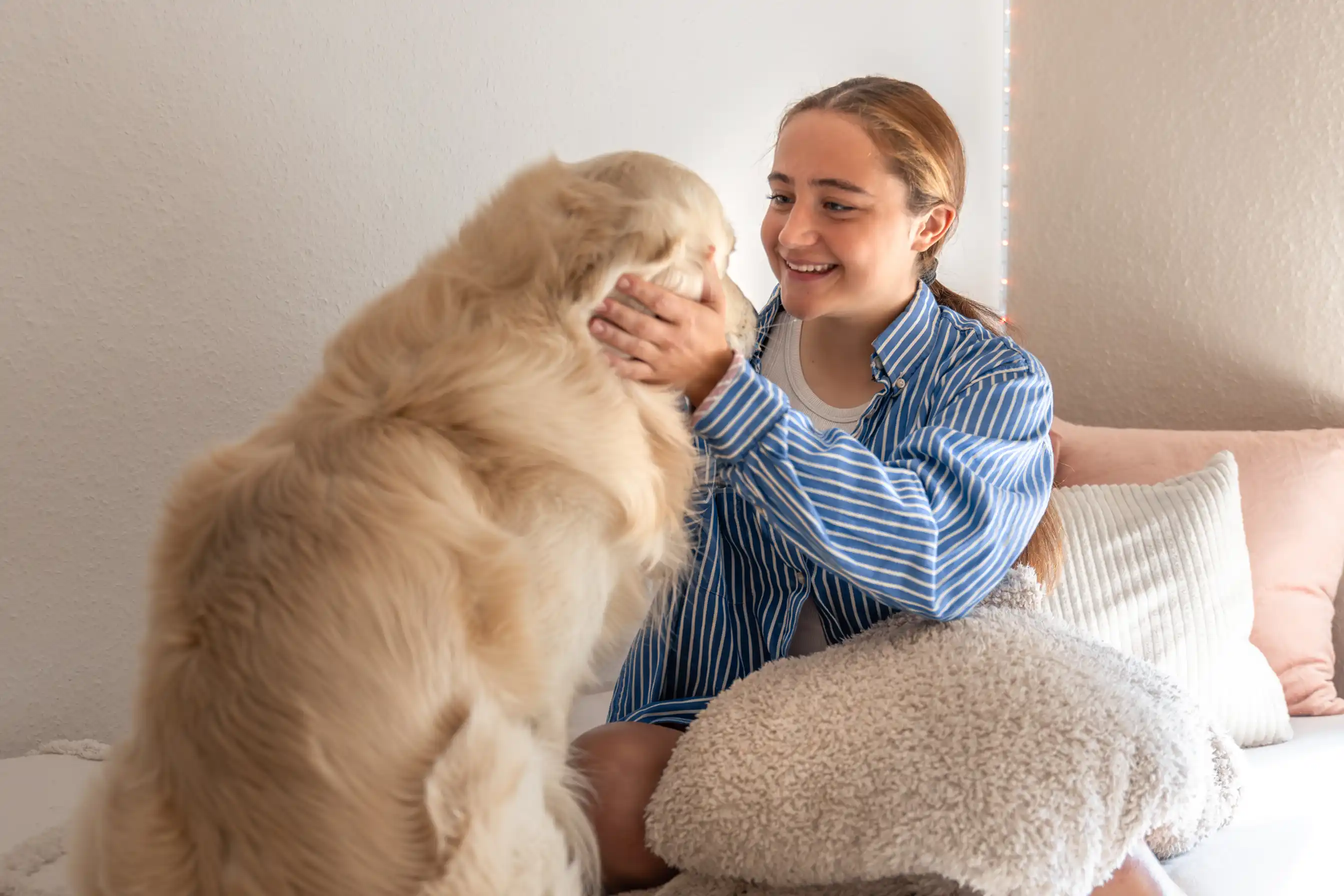 Un mabrador obèse avec un jeun efille à la chemise bleue