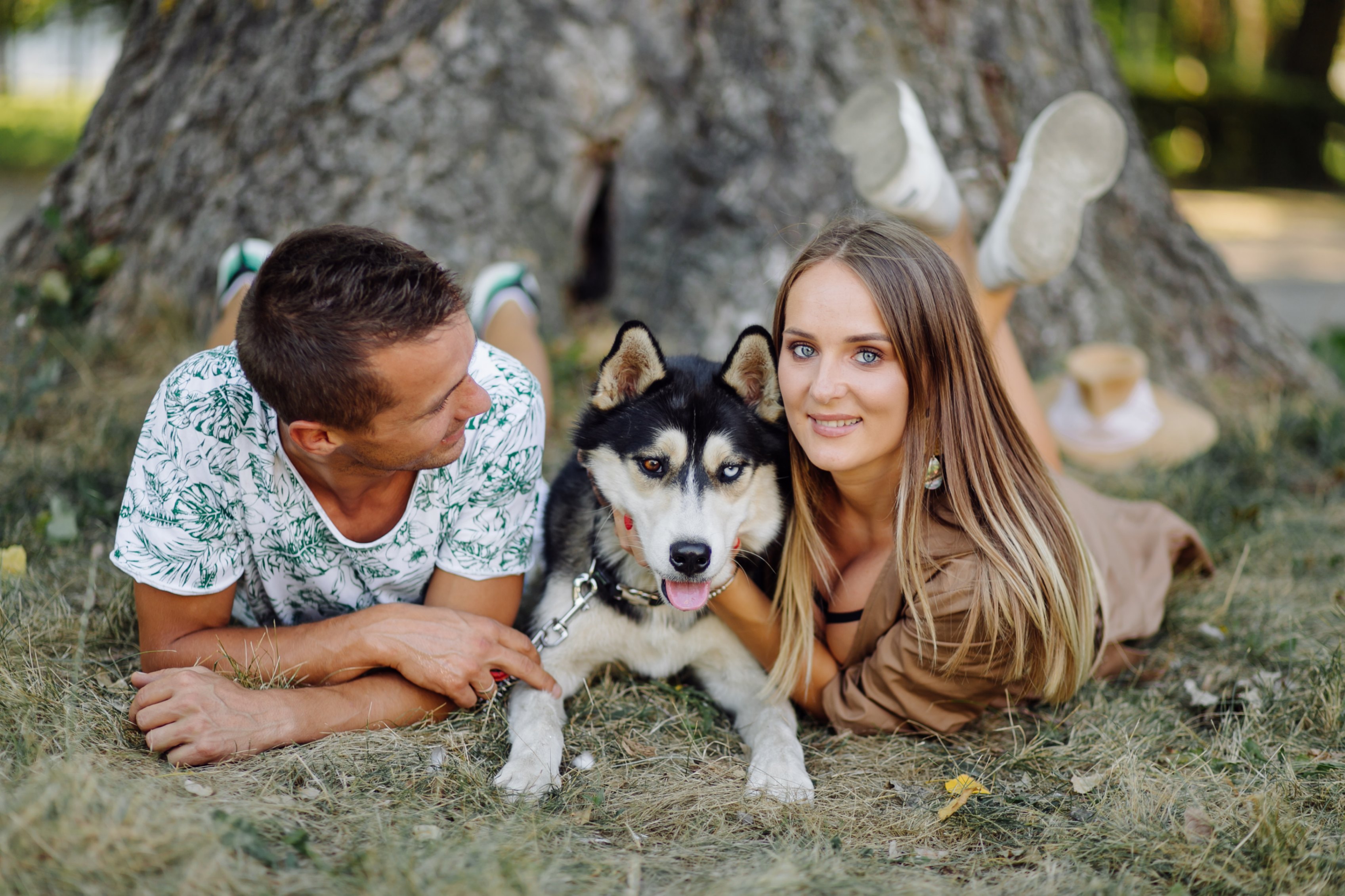 Un jeune couple allongé aux pieds d'un arbre avec leur husky