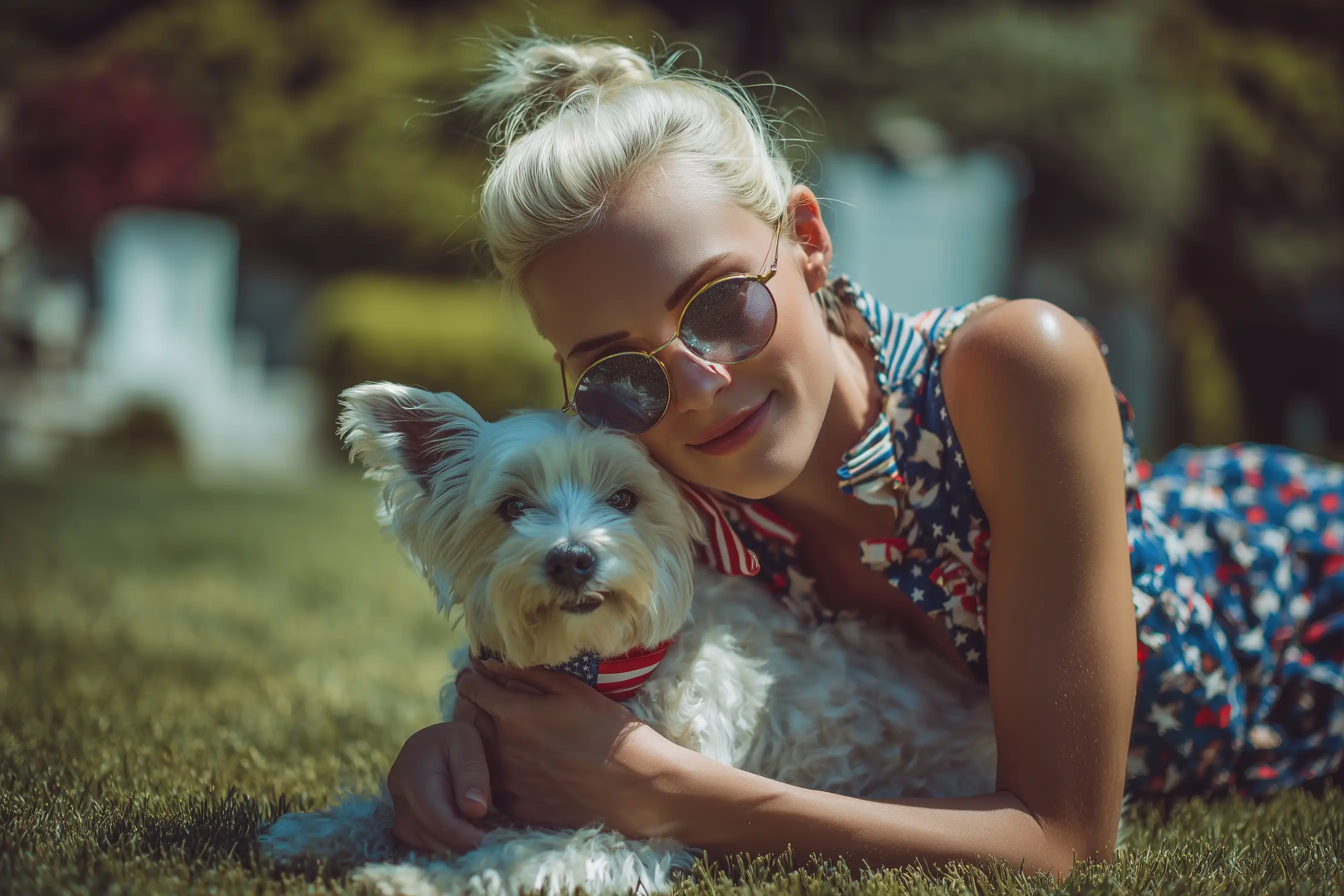 Un foxterrier avec une jeune fille allongé dans l'herbe porte des couleurs USA